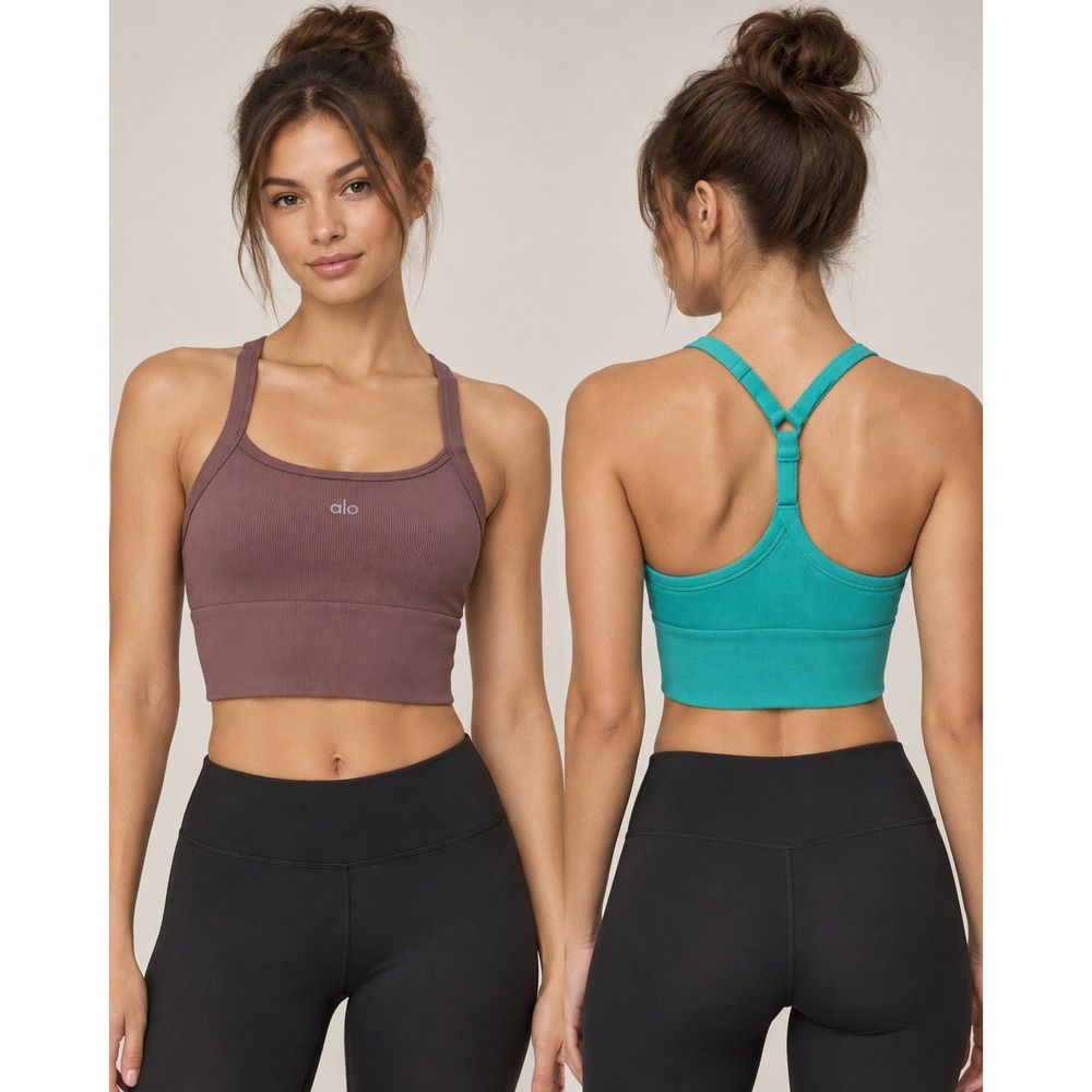Alo Yoga Seamless Ribbed Favorite Bra Tank Womens S Green Brown Racerback 2 Pack